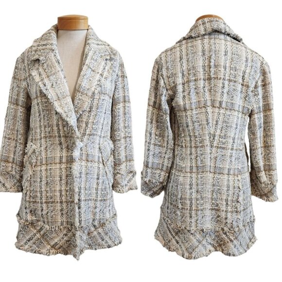 Alice + Olivia Stefan Tweed w/Frayed Hem Short Notch Collar in Neutrals Coat XS - Picture 2 of 12